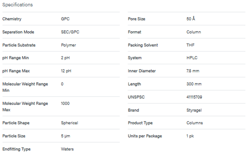 Styragel HR 0.5, 50A, 5 µm, 7.8 mm X 300 mm in THF, 0 - 1K - WATERS