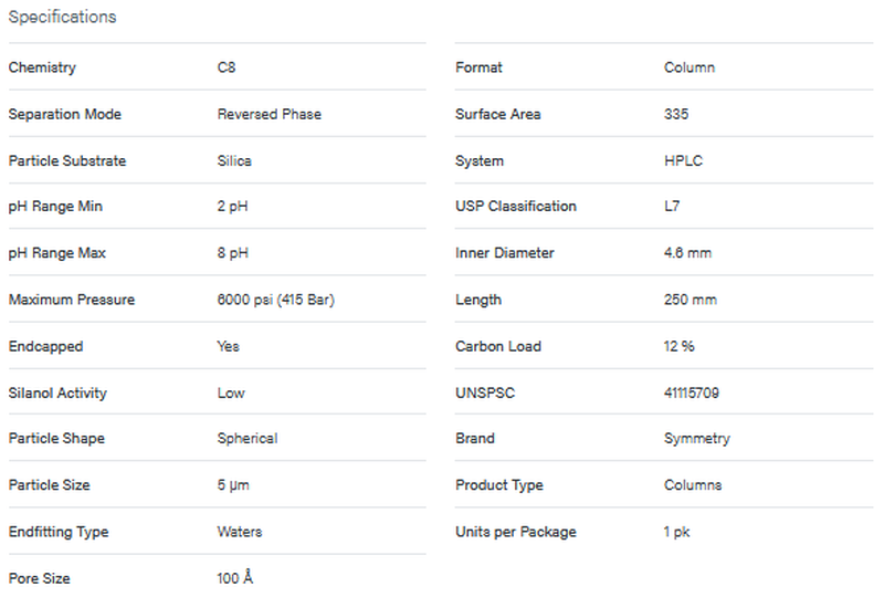 Symmetry C8 Column, 100Å, 5 μm, 4.6 mm X 250 mm - WATERS