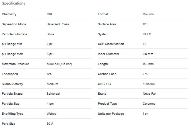 Nova-Pak C18 Column, 60A, 4 μm, 3.9 mm X 150 mm, 1/pk - WATERS