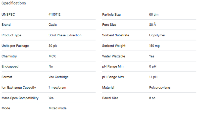 Oasis MCX 6 cc Vac Cartridge, 150 mg Sorbent per Cartridge, 60 µm, 30 und/pacote - WATERS