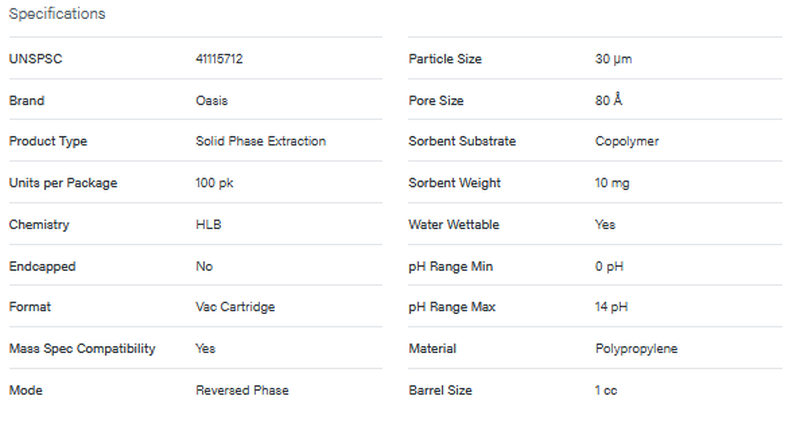 Oasis HLB 1 cc Vac Cartridge, 10 mg Sorbent per Cartridge, 30 µm, 100/pk - WATERS