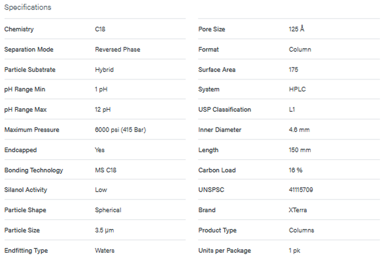XTerra MS C18 Column, 125Å, 3.5 μm, 4.6 mm X 150 mm - WATERS