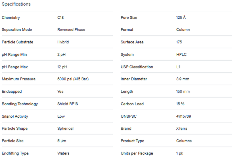 XTerra Shield RP18 Column, 125A, 5 µm, 3.9 mm X 150 mm - WATERS