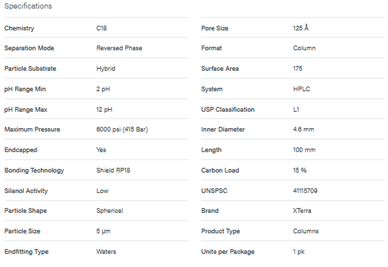 XTerra Shield RP18 Column, 125A, 5 µm, 4.6 mm X 100 mm - WATERS