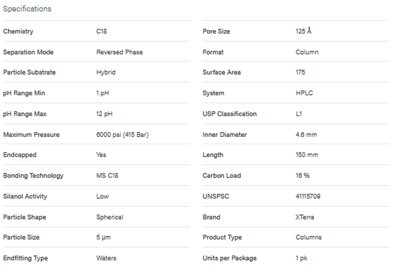 XTerra MS C18 Column, 125Å, 5 μm, 4.6 mm X 150 mm - WATERS
