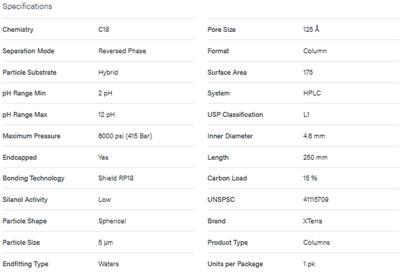 XTerra Shield RP18 Column, 125A, 5 μm, 4.6 mm X 250 mm - WATERS