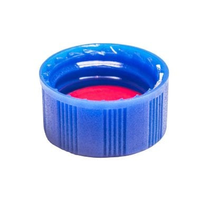 Tampa plástica de rosca, cor azul, rosca de 9mm, com septo em PTFE/Silicone e 1mm de espessura, furo central com 6mm 100