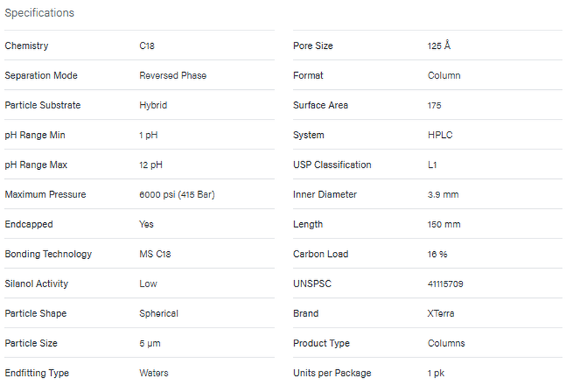 XTerra MS C18 Column, 125A, 5 µm, 3.9 mm X 150 mm, 1/pk - WATERS