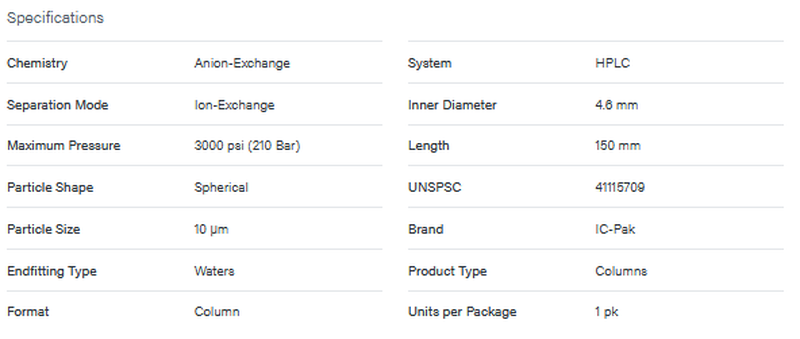IC-Pak Anion HC Column, 4.6 mm x 150 mm - WATERS