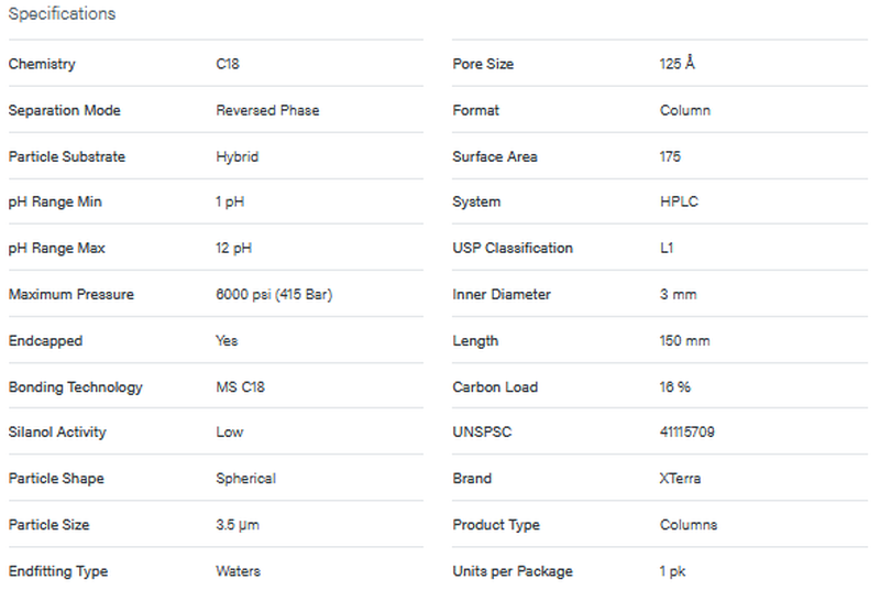 XTerra MS C18 Column, 125A, 3.5 µm, 3 mm X 150 mm, 1/pk - WATERS