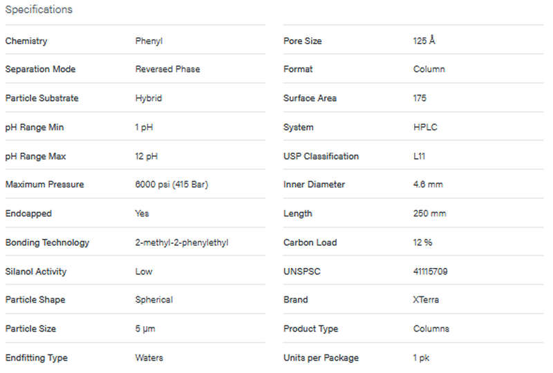 XTerra Phenyl Column, 125 A, 5 µm, 4.6 mm x 250 mm, 1/pk - WATERS