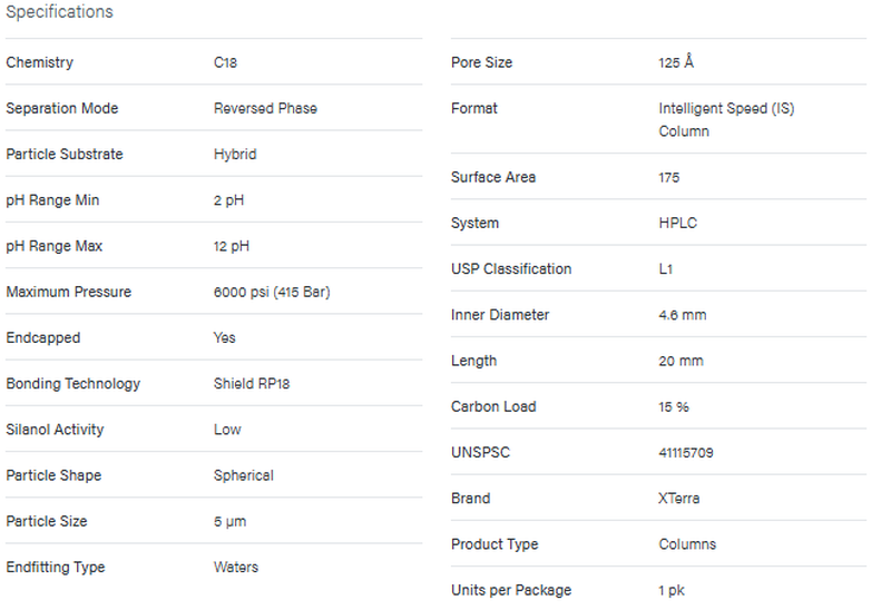 XTerra Shield RP18 Intelligent Speed (IS) Column, 125Å, 5 μm, 4.6 mm X 20 mm, 1/pk - WATERS