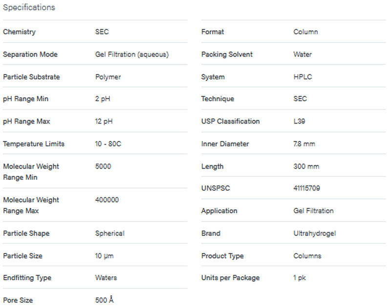 Ultrahydrogel 500 Column, 500 A, 10 µm, 7.8 mm x 300 mm, 5K - 400K, 1/pk - WATERS