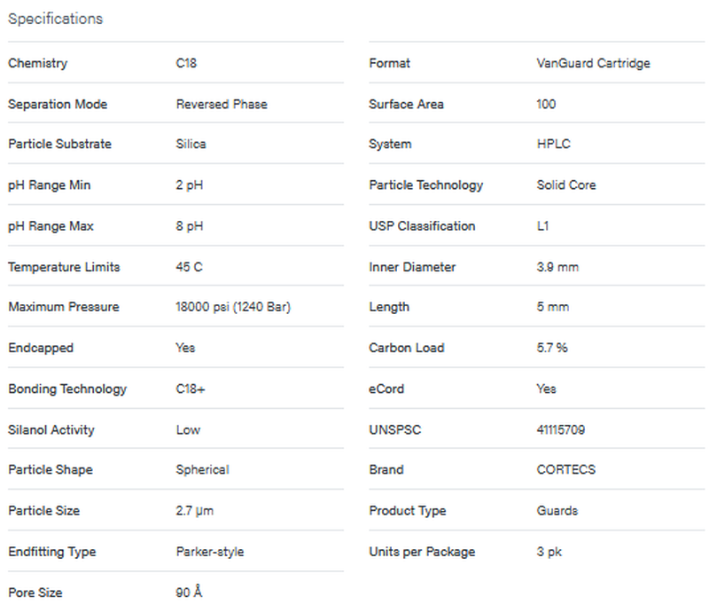 CORTECS C18+ VanGuard Cartridge, 90A, 2.7 µm, 3.9 mm X 5 mm, 3/pk - WATERS