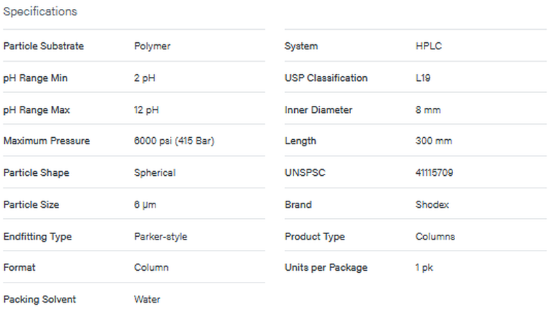 Shodex SC-1011 Column, 6 µm, 8 mm x 300 mm - WATERS