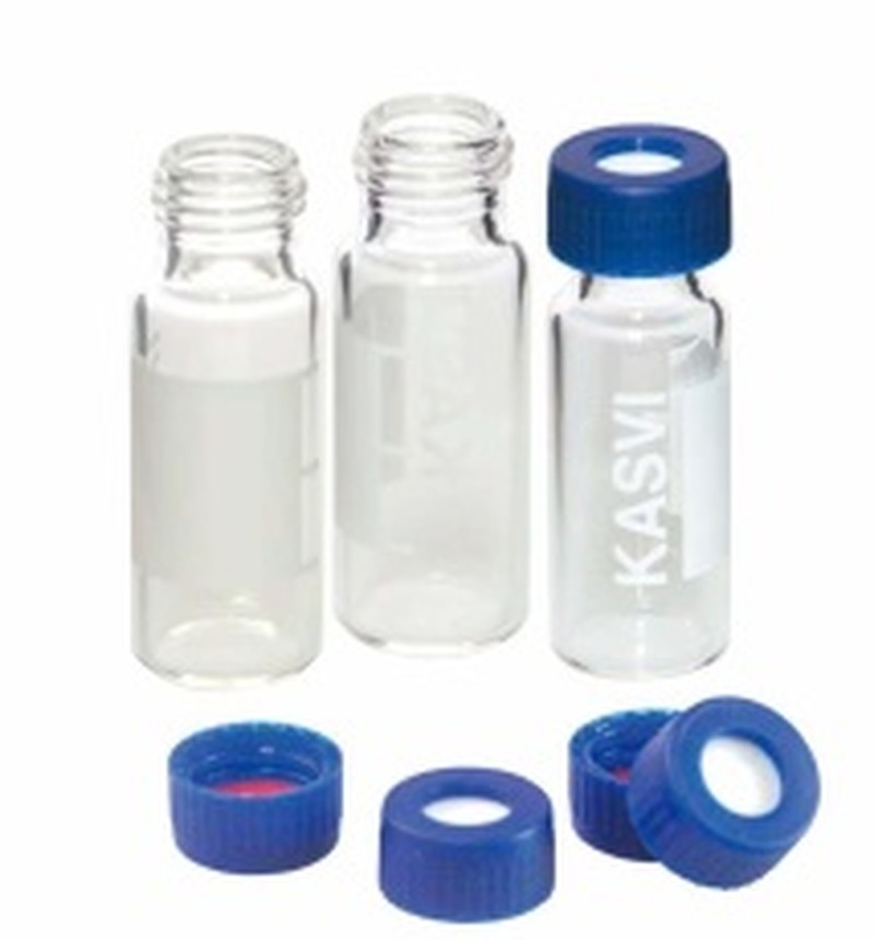 KIT VIAL 2 mL TRANSPARENTE COM TAMPA ROSCA PP 9 mm, SEPTO PRÉ-CORTADO PTFE/SILICONE - KASVI - EMB c/ 100 und