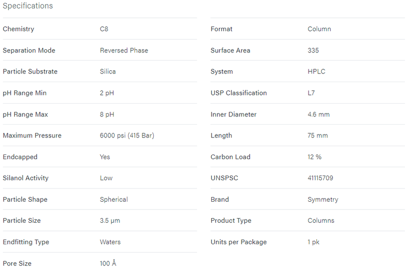 Symmetry C8 Column, 100A, 3.5 µm, 4.6 mm X 75 mm, 1/pk - WATERS