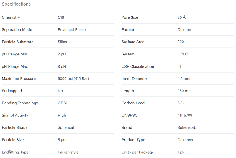Spherisorb ODS1 Column, 80A, 5 µm, 4.6 mm X 250 mm - WATERS