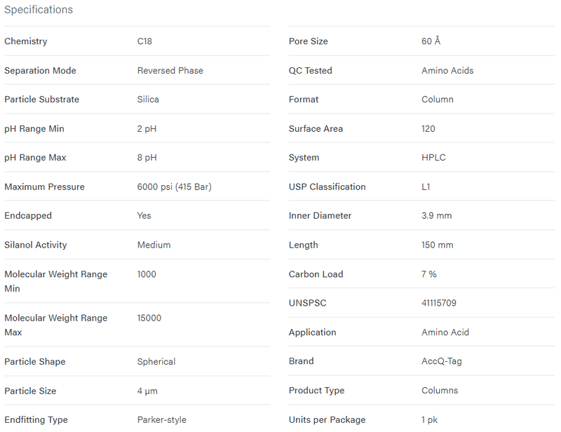 AccQ-Tag Amino Acids C18 Column, 60A, 4 µm, 3.9 mm X 150 mm, 1K - 15K - WATERS