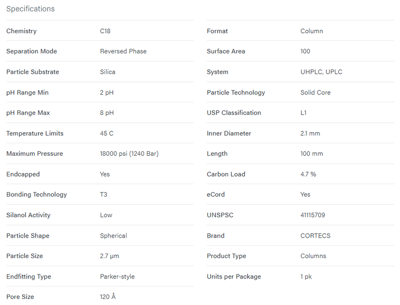 CORTECS T3 Column, 120Å, 2.7 µm, 2.1 mm X 100 mm - WATERS