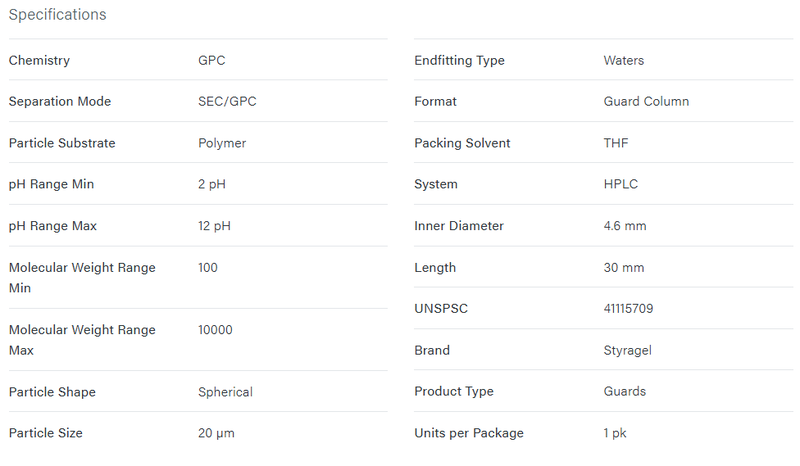 Styragel HR GPC Guard Column, 20 µm, 4.6 mm X 30 mm in THF, 100 - 10,000K, 1/pk - WATERS
