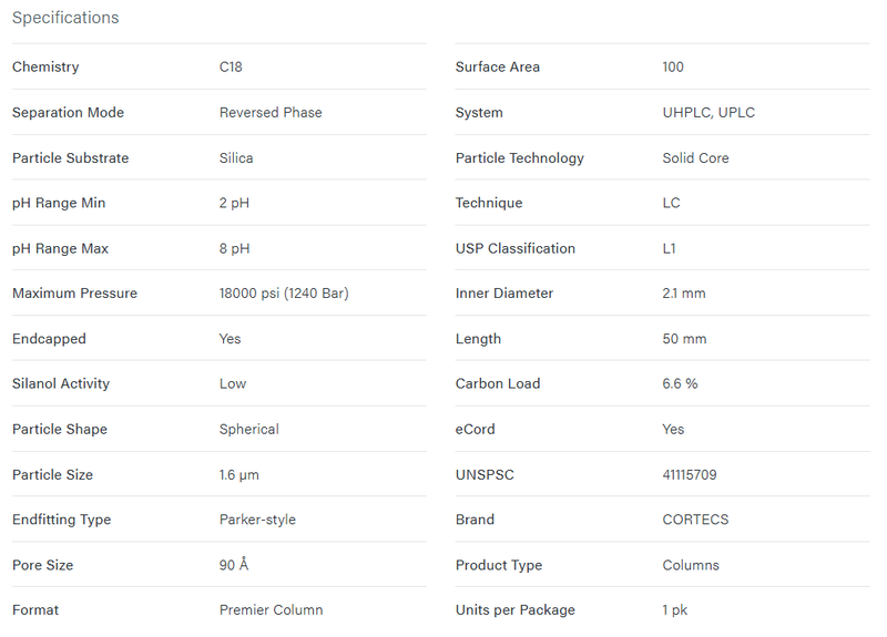 CORTECS Premier C18 Column, 1.6 µm, 2.1 mm X 50 mm, 1/pk - WATERS
