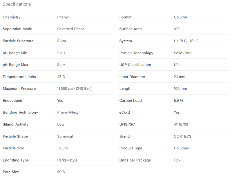 CORTECS Phenyl Column, 90Å, 1.6 µm, 2.1 mm X 100 mm - WATERS