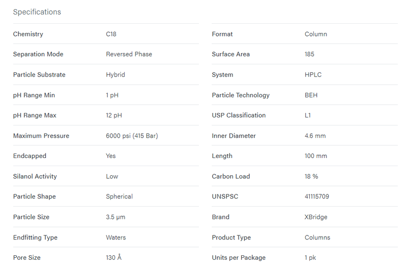 XBridge BEH C18 Column, 130A, 3.5 µm, 4.6 mm X 100 mm - WATERS