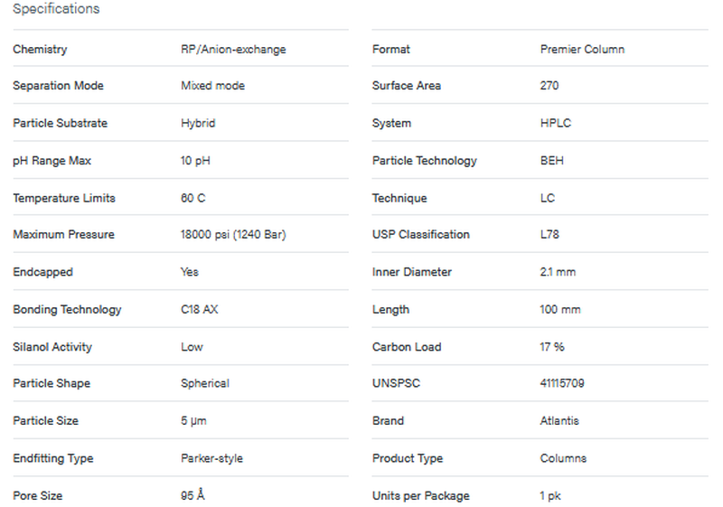 Atlantis Premier BEH C18 AX Column, 5 µm, 2.1 x 100 mm - WATERS