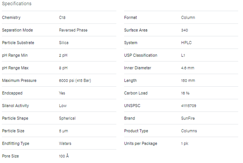 SunFire C18 Column, 100Å, 5 μm, 4.6 mm X 150 mm, 1/pk