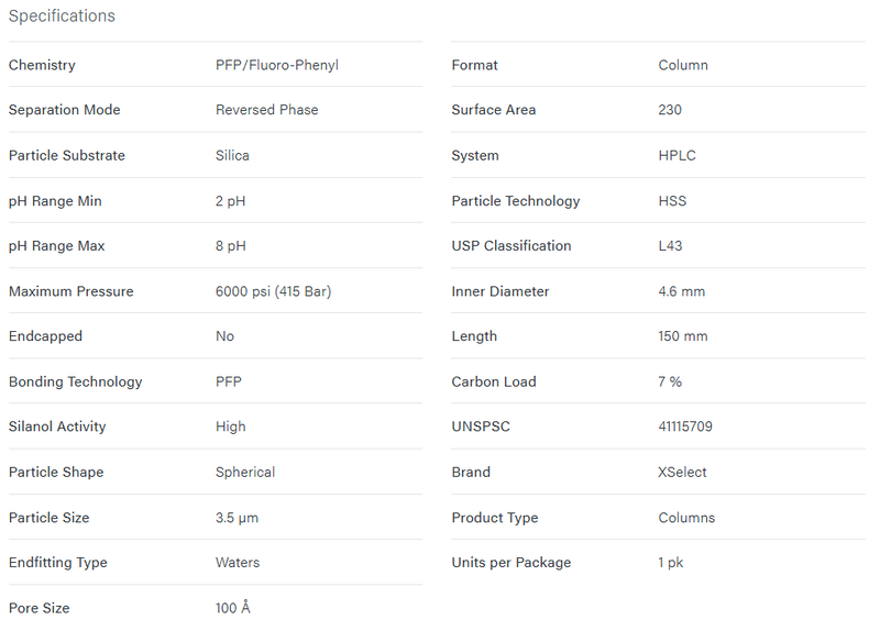 XSelect HSS PFP Column, 100Å, 3.5 μm, 4.6 mm X 150 mm - WATERS