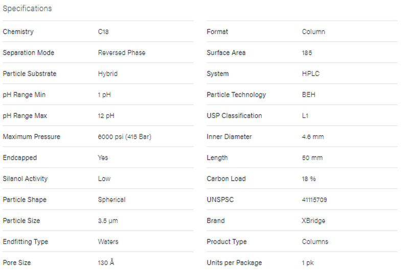 XBridge BEH C18 Column, 130A, 3.5 µm, 4.6 mm X 50 mm, 1/pk - WATERS