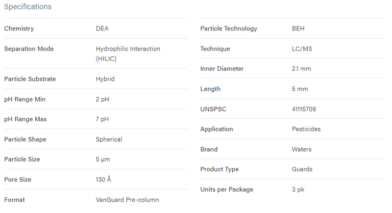 Anionic Polar Pesticide VanGuard Cartridge, 130Å, 5µm, 2.1 mm X 5 mm, 3/pk - WATERS