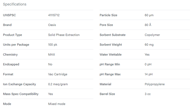 Oasis MAX 3 cc Vac Cartridge, 60 mg Sorbent per Cartridge, 60 µm, EMB c/ 100 und - WATERS