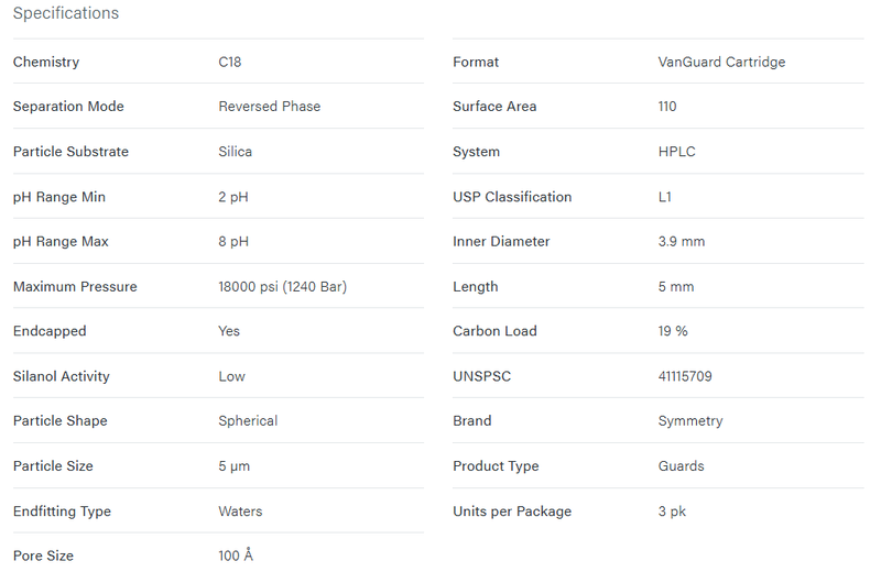 Symmetry C18 VanGuard Cartridge, 100Å, 5 µm, 3.9 mm X 5 mm, 3/pk - WATERS
