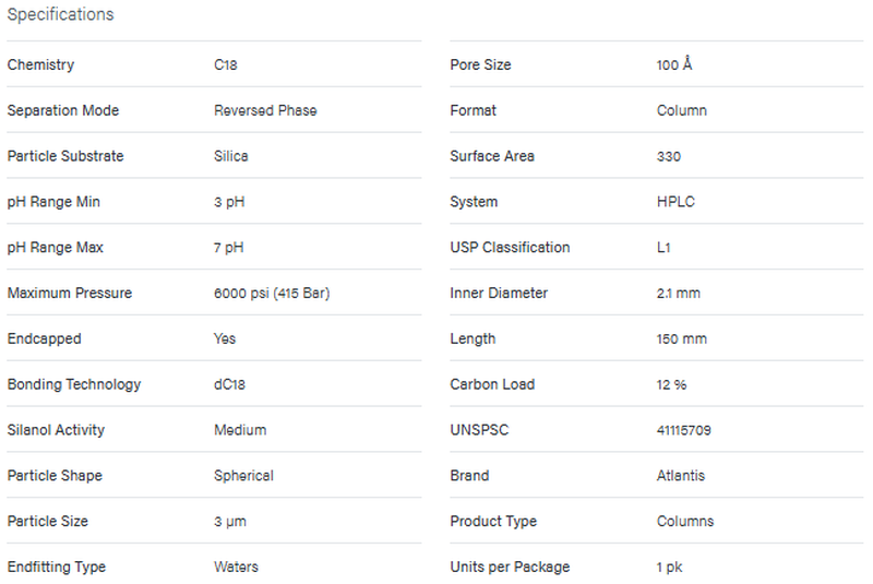 Atlantis dC18 Column, 100Å, 3 µm, 2.1 mm X 150 mm, 1/pk - WATERS