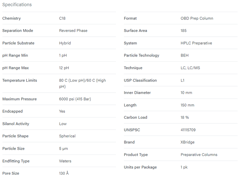 XBridge BEH C18 OBD Prep Column, 130Å, 5 µm, 10 mm X 150 mm, 1/pk - WATERS