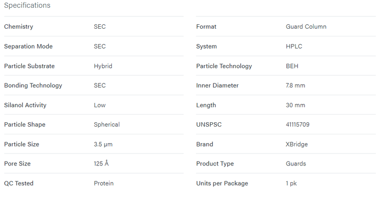 XBridge Protein  BEH  SEC  Guard Column, 125Å, 3.5 µm, 7.8 mm X 30 mm - WATERS