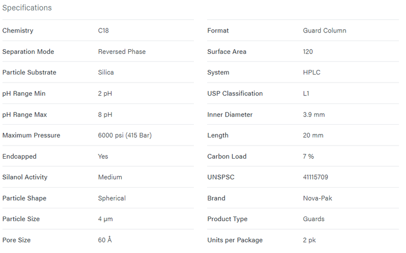Nova-Pak C18 Guard Column, 60A, 4 µm, 3.9 mm X 20 mm, 2/pk - WATERS