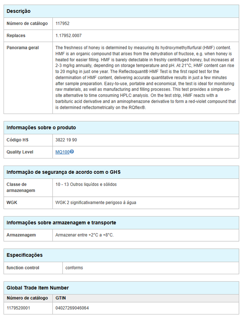 Reflectoquant hidroximetilfurfural (HMF) (1,0-60,0 mg/L) - MERCK - 50 testes