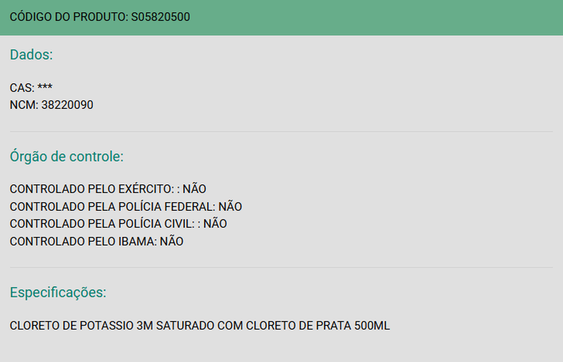 CLORETO DE POTÁSSIO 3M SATURADO COM CLORETO DE PRATA - ACS CIENTÍFICA - 500ML