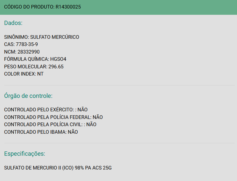 SULFATO DE MERCÚRIO II (ICO) 98% PA ACS - ACS CIENTÍFICA - 25G