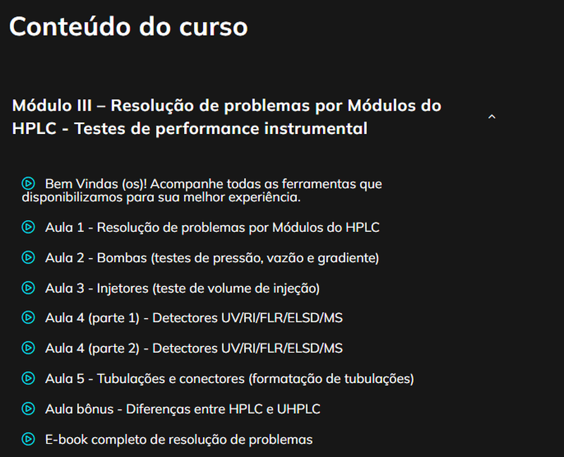 CURSO Módulo III – Resolução de problemas por Módulos do HPLC - Testes de performance instrumental - Chroma Class