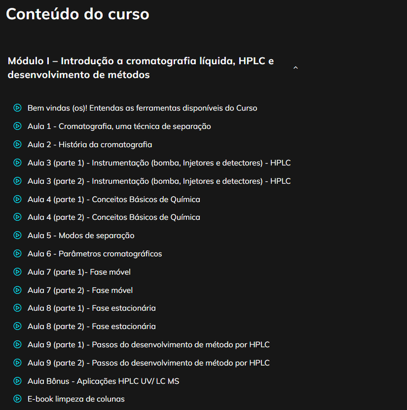 CURSO Módulo I – Introdução a cromatografia líquida, HPLC e desenvolvimento de métodos- Chroma Class