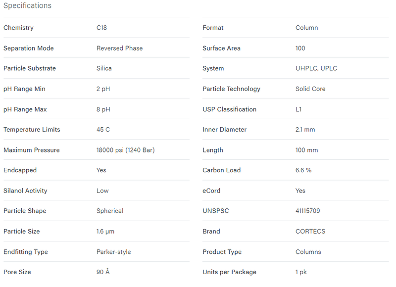 CORTECS C18 Column, 90Å, 1.6 µm, 2.1 mm X 100 mm, 1/pk - WATERS
