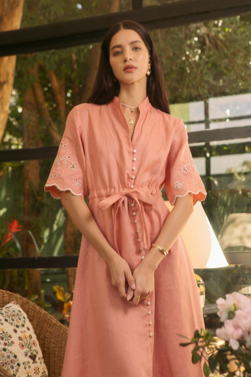 vestido linho fru-fru rosê