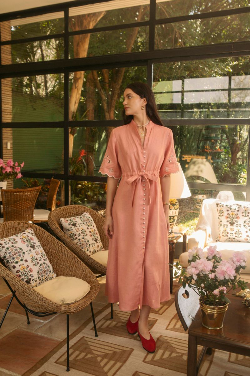 vestido linho fru-fru rosê