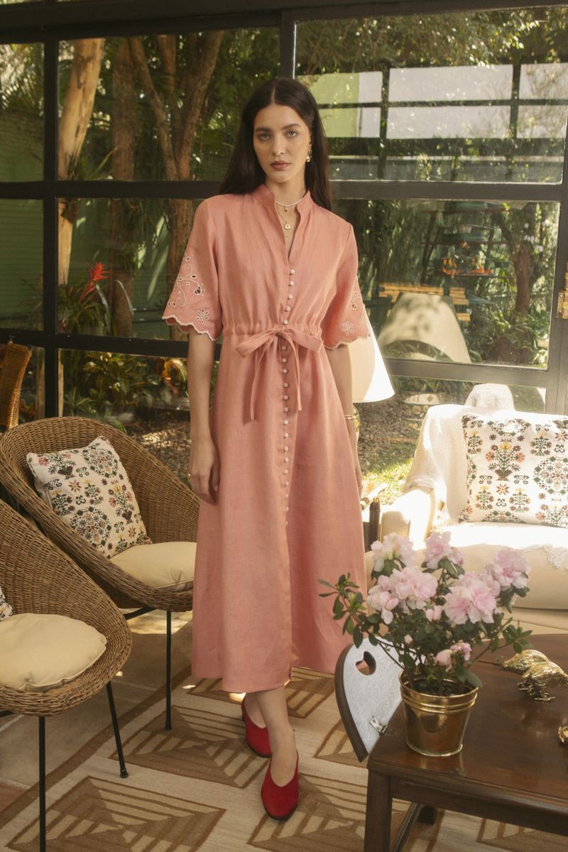 vestido linho fru-fru rosê