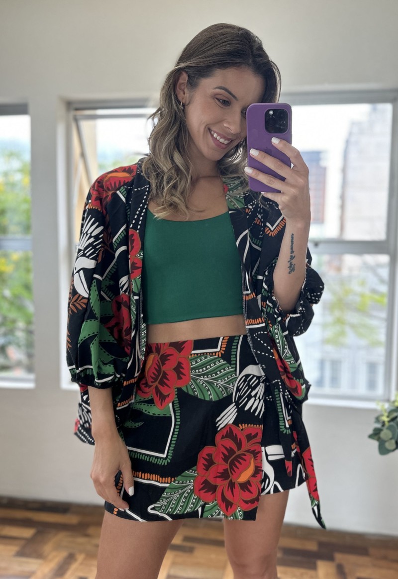 Conjunto kimono short saia estampado Fashion Jois | Preto 