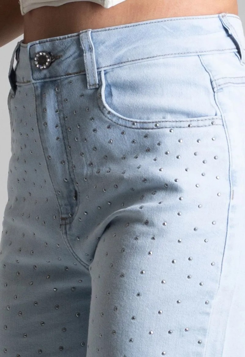 Calça feminina wide leg cropped strass Sawary | Jeans Claro 